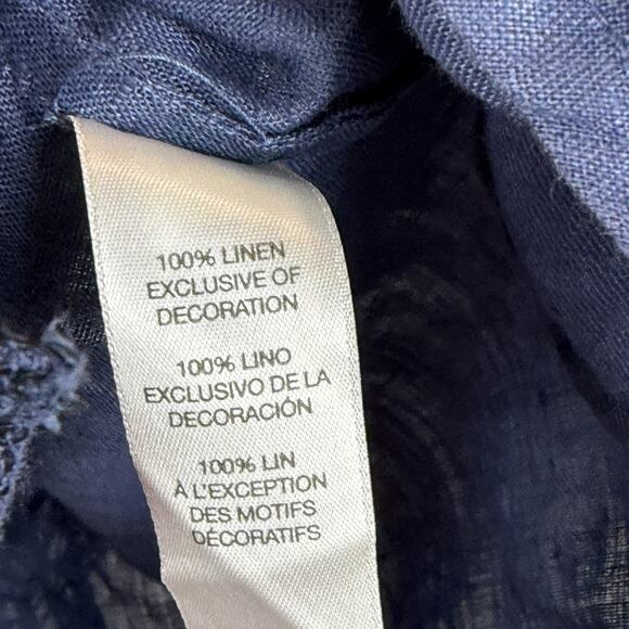 Chico's Linen Top Women 1 US M Blue Sequin Button Up Roll Tab Crochet Beach Boho - Picture 6 of 9